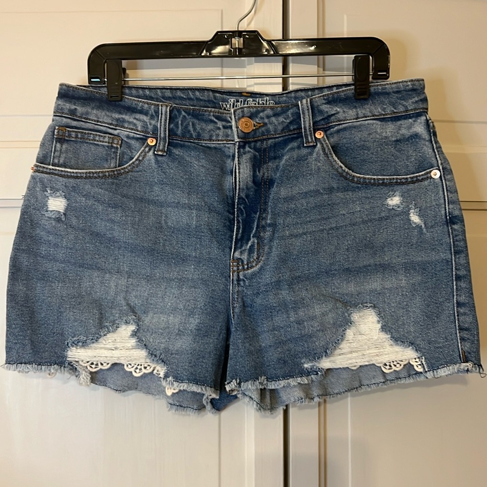 Denim Distressed Shorts with Lace Detail